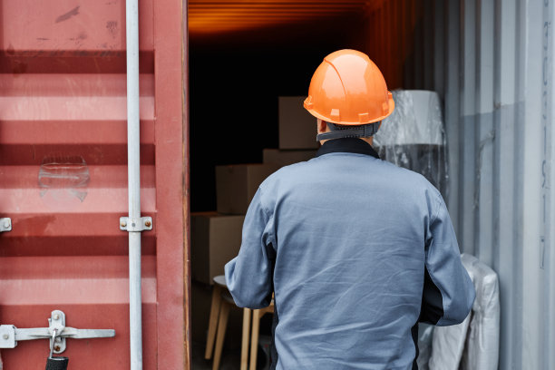 工人检查集装箱的后视图图片下载