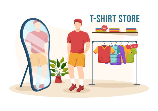 T恤商店购买新产品服装或装备与各种颜色和模型在平面卡通手绘模板插图图片下载