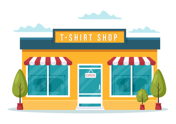 T恤商店购买新产品服装或装备与各种颜色和模型在平面卡通手绘模板插图图片下载
