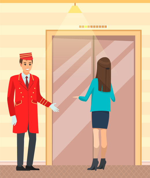 现代电梯旁的服务员和女人。酒店员工为女性客人打开电梯门图片下载