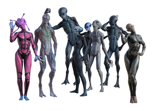 白色背景上一组八个外星人的各种姿势的插图。图片下载