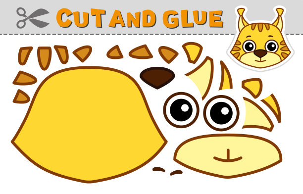 剪出贴花，粘一个山猫头。矢量插图。纸张游戏，培养孩子的创造力、活动性和学习能力图片下载