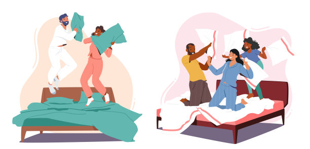 家庭人物在枕头上打架。快乐的年轻夫妇，父母和孩子在卧室的床上跳，互相打图片下载