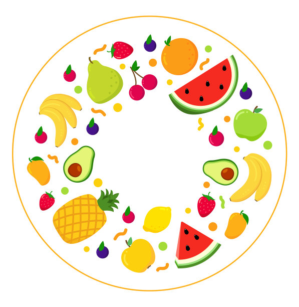 把夏天的水果围成一圈。草莓，樱桃，西瓜，苹果，梨，香蕉，橙子图片下载
