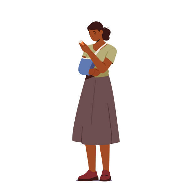 手臂骨折的妇女戴着绷带，拿着白色背景隔离的药瓶。断手的女性角色图片下载