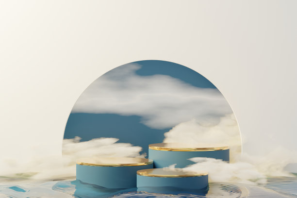 3d美容优质台架产品显示与梦想的土地和蓬松的云。最小的粉彩天空和云场景为目前的产品推广和美容化妆品。浪漫梦幻之地的概念。图片下载