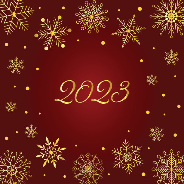 优雅的新年圣诞贺卡与金雪花圆形框架复制空间在暗红色的背景图片下载
