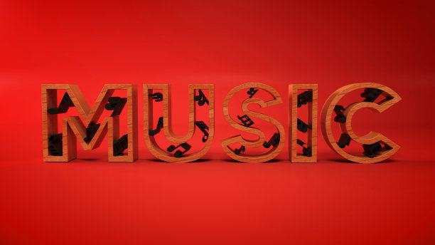 3d木制音乐文本包含黑色音符，红色背景。3d渲染插图。图片下载