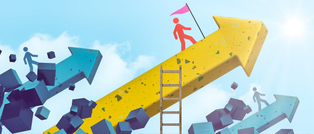 理念思维和目标经营理念。蓝色背景上的梯子成功箭头概念的领导能力和目标。创新，复制空间，数字，横幅，网站-3d渲染图片下载