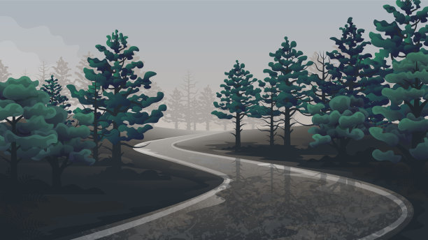 阴郁的现实主义水平插图的道路通过树木。图片下载