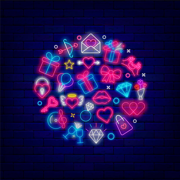 浪漫的圆形布局与闪亮的图标。情人节霓虹灯招牌。鞠躬，礼物和心。矢量股票图图片下载
