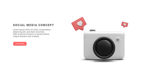 3d现实的社交媒体横幅与相机和社会图标隔离在白色背景。矢量图图片下载