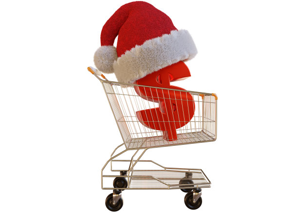 购物车里的美元符号和红色圣诞帽。孤立的白色背景与剪辑路径。图片下载