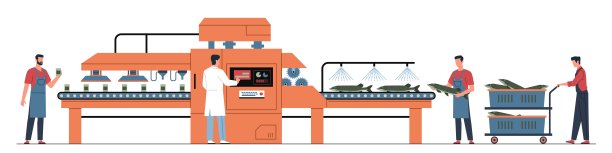 渔业概念。罐装厂，专业工人及输送机，生产海鲜罐头，包装过程自动化。如今传送带上的罐头矢量卡通套装图片下载
