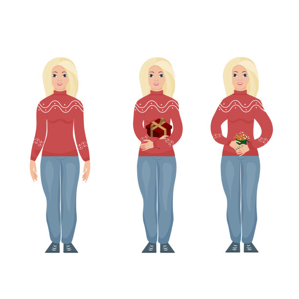 穿着圣诞毛衣的年轻女子拿着礼物。矢量插图。一份圣诞礼物。图片下载