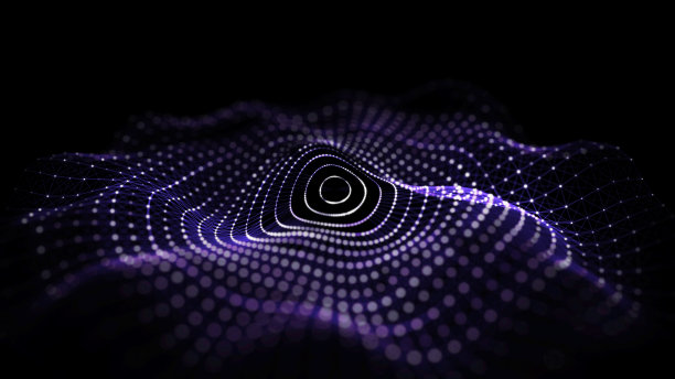 未来主义的黑色背景。紫色线条网的涟漪效应。大数据。技术和人工智能的说明。粒子振荡的影响。3 d渲染。图片下载