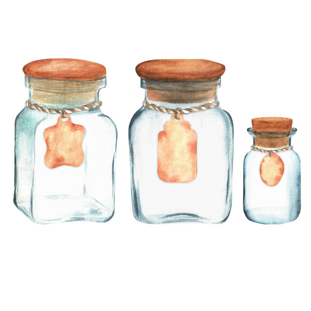 手绘水彩玻璃罐与标签图片下载