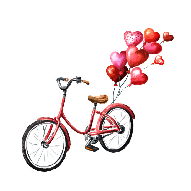 带心形气球的自行车。手绘水彩插图，孤立的白色背景图片下载