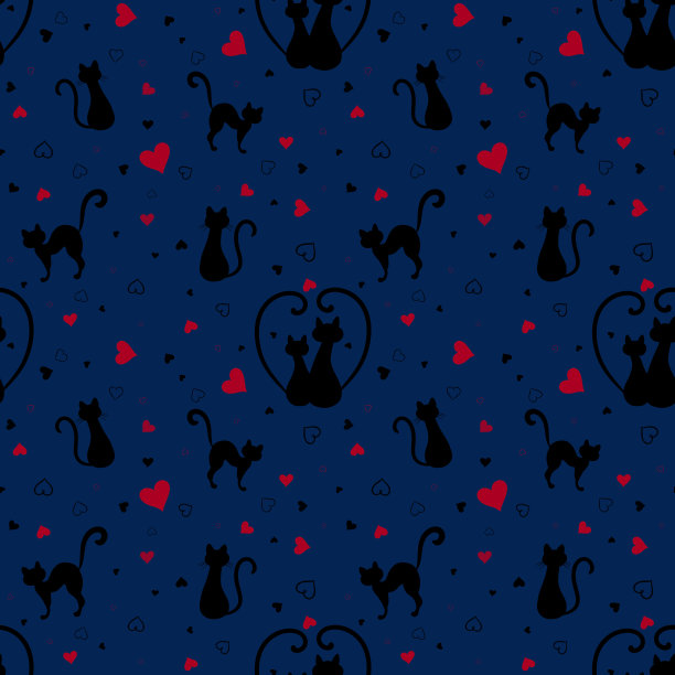 无缝模式与黑猫和粉色心形在蓝色背景。用于包装、印刷和装饰图片下载