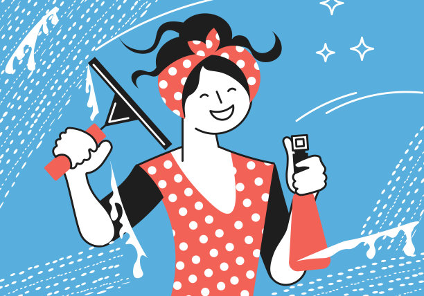 快乐的家庭主妇在家里擦窗户图片下载