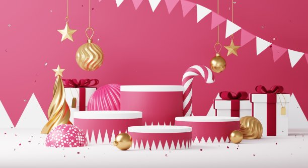 圣诞节背景与Viva品红色讲台平台在最小的新年活动和冬季主题。欢乐圣诞场景的产品展示模拟横幅。空的基座。3 d渲染。图片下载