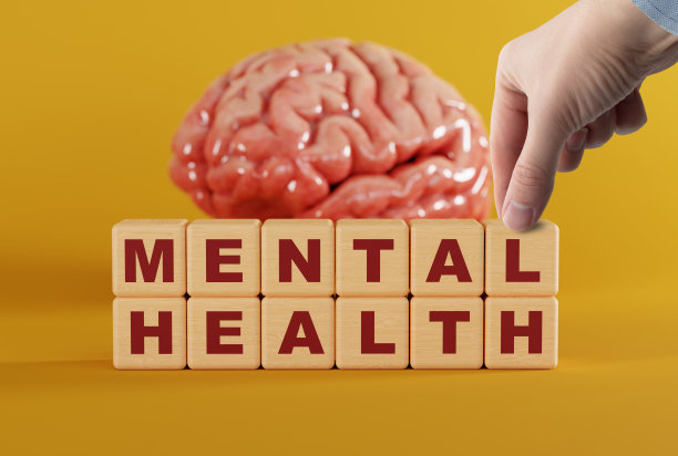 手触摸大脑背景上刻有“心理健康”字样的木块。图片下载