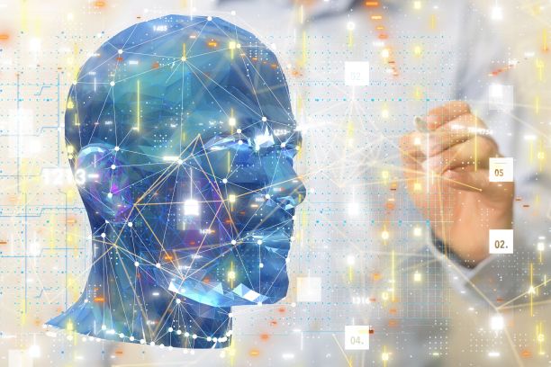 三维渲染的人脸与连接的线和点和一个男人在背景图片下载