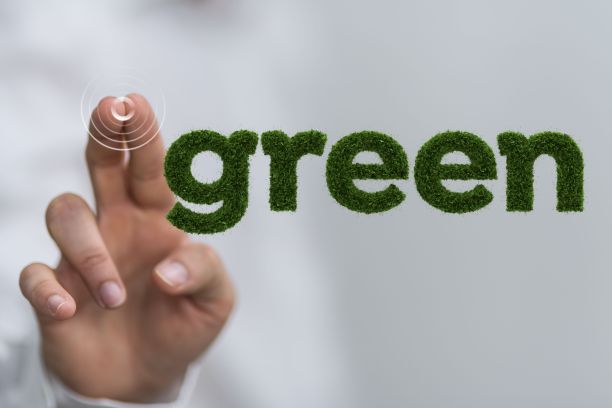 用手触摸由草制成的3D渲染绿色文本图片下载