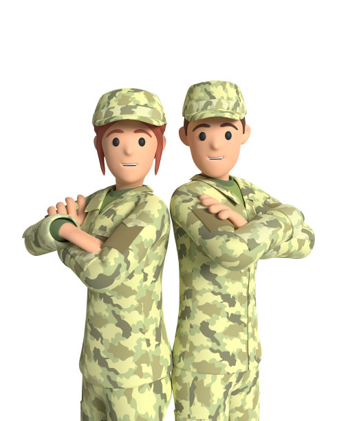 一个女人和一个穿着军装的男人。年轻的女孩和一个穿着军装的男孩。三维渲染图片下载