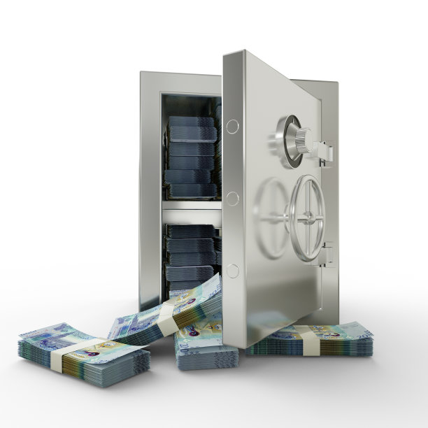 钢保险箱里有几捆科威特第纳尔。在白色背景上隔离的金属拱顶内的货币堆栈的3D渲染，金融保护概念，金融安全。图片下载