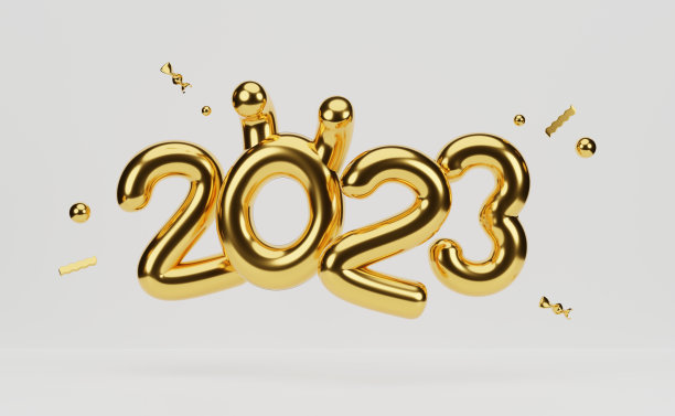 2023年新年快乐。黄金金属数字浮动。三维渲染图片下载