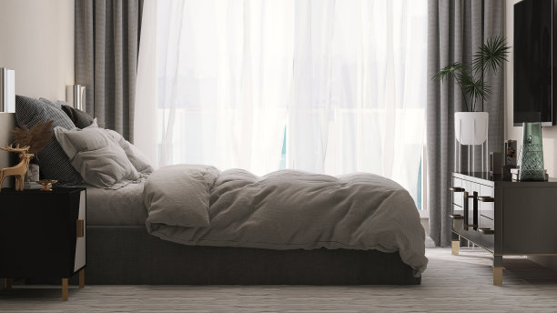 现代和豪华的设计卧室，深灰色的床，床头柜，黑色橱柜，智能电视和植物在阳光从窗纱和遮光窗帘图片下载