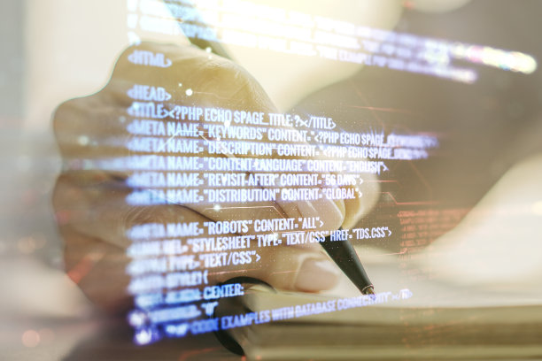 多重暴露抽象编程语言全息图与人手写在记事本上的背景，人工智能和机器学习的概念图片下载