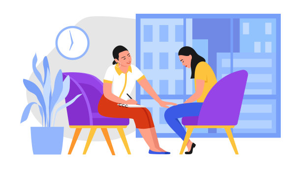 心理学家的矢量插图。卡通场景，心理学家接受了一个有问题的女人，并帮助她的白色背景。抑郁症图片下载