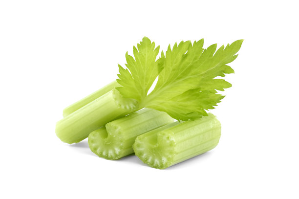 带叶新鲜芹菜杆，白色背景图片下载