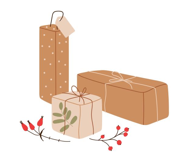 礼物。礼盒在工艺纸与自然装饰新潮乡村风格。手工制作的环保包装礼品套装。矢量插图孤立在白色上。为庆祝假期做准备图片下载