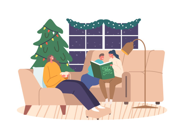 快乐的家庭人物，父母和孩子在平安夜读故事。快乐的妈妈和孩子享受童话图片下载