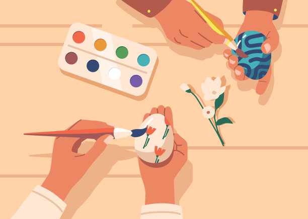 手与画笔和油漆绘制和着色鸡蛋与油漆复活节假期。一家人准备庆祝图片下载