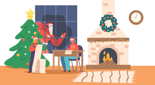 孩子们给圣诞老人写信。小妹妹和弟弟戴着红帽子在房间里写愿望清单图片下载