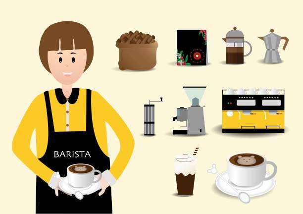 咖啡师和咖啡机制作咖啡饮料咖啡机，壶，杯，豆隔离矢量股票插图。图片下载