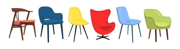 卡通风格的彩色椅子。家庭和办公室室内白色背景的家具矢量插图。图片下载