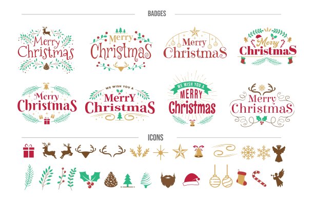 圣诞快乐印刷徽章和图标集合插图。矢量象征节日装饰集束图片下载