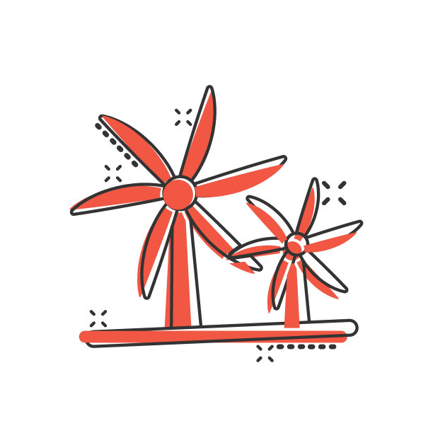 风电场图标在漫画风格。涡轮卡通矢量插图在白色孤立的背景。空气能量飞溅效果标志经营理念。图片下载