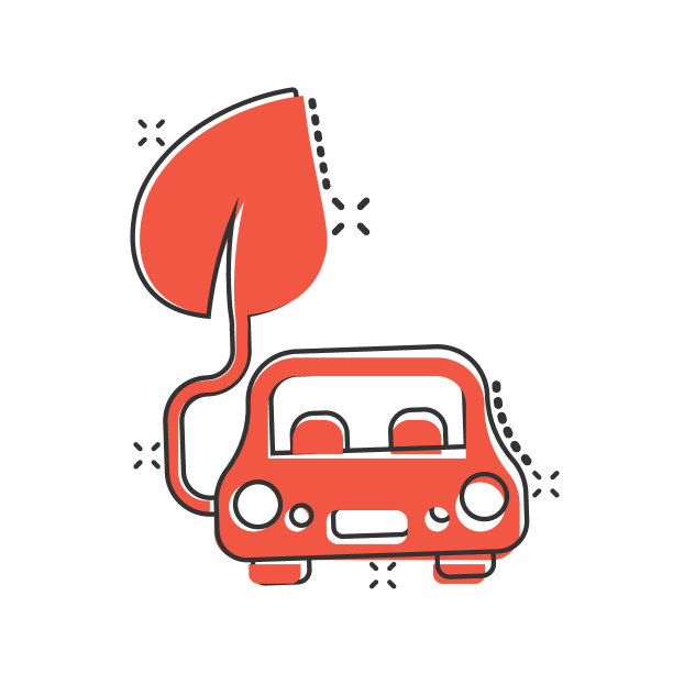 漫画风格的生态汽车图标。叶子和自动卡通矢量插图在白色孤立的背景。生物充电溅射效应标志经营理念。图片下载