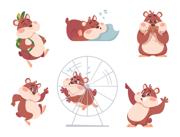 仓鼠字符。有趣的家养毛茸茸的动物在行动姿势家时髦的宠物精确矢量卡通仓鼠图片下载