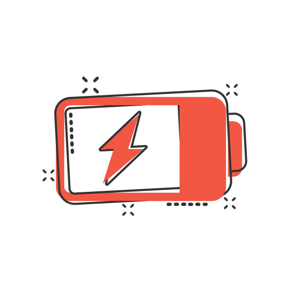 电池图标在漫画风格。蓄能器卡通矢量插图在白色孤立的背景。能源充电器飞溅效果经营理念。图片下载