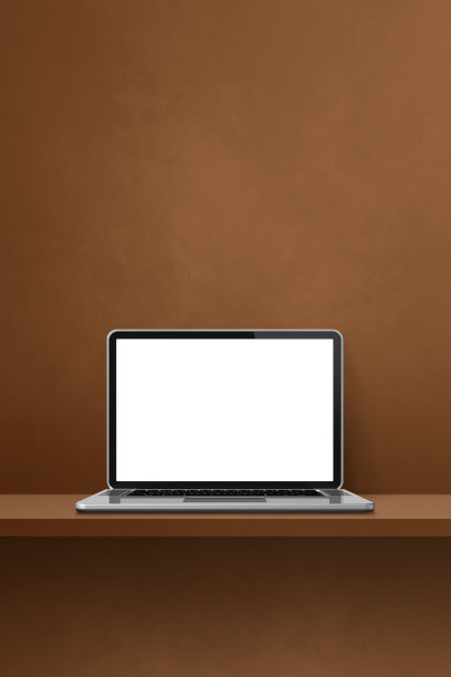 棕色架子上的笔记本电脑。垂直的背景图片下载