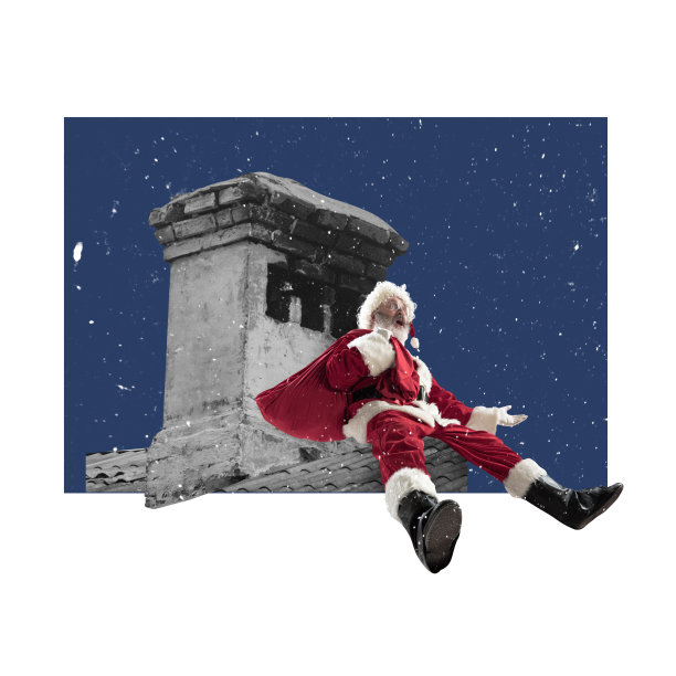 当代艺术拼贴。创意设计。老人，圣诞老人晚上抱着礼物袋坐在烟囱上。寒假、圣诞节和新年的概念图片下载