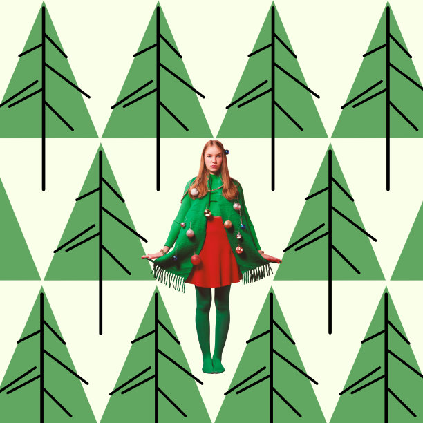 当代艺术拼贴。创意设计。年轻的女孩穿着圣诞树的服装。狂欢节。寒假、圣诞节和新年的概念图片下载