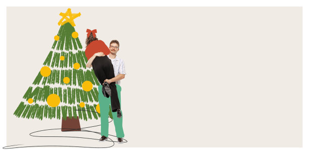 当代艺术拼贴。创意设计。年轻夫妇，男人和女人一起装饰圣诞树。寒假、圣诞节和新年的概念图片下载